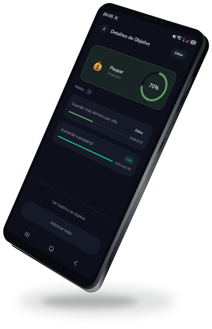 Tela de detalhes de um objetivo no app Atvia, mostrando progresso e metas